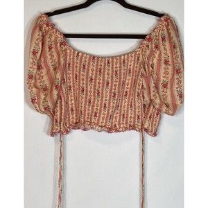 Playa Lucila Puff Sleeve Pink Floral Crop Top Smocked Bodice Womens Small